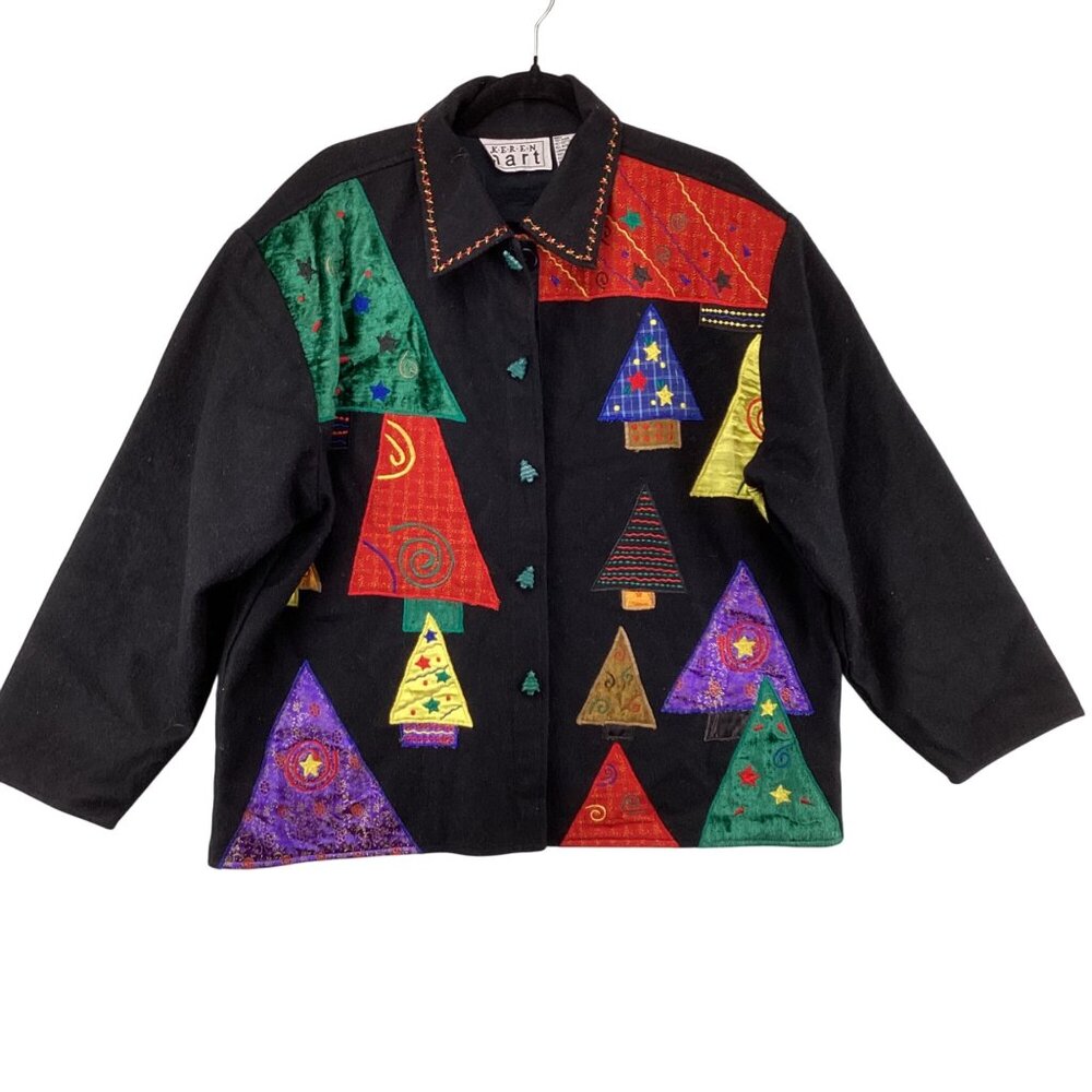 Keren Hart Holiday Jacket Size XL Xlarge Black Wool Blend Christmas Coat Festive